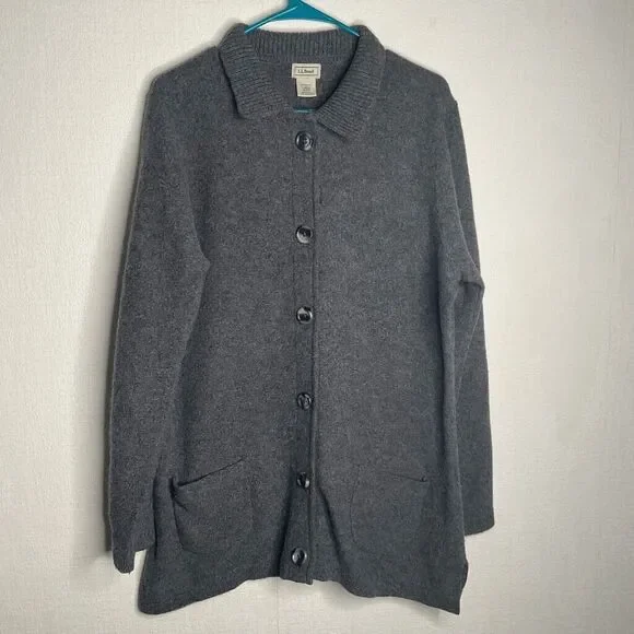 L.L. Bean Women Gray Wool Long Sleeve Pockets Button Front Cardigan Size L - Picture 8 of 9